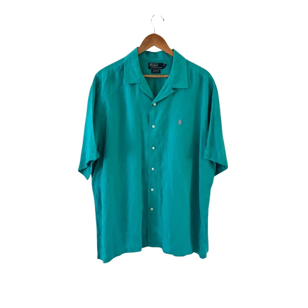 Polo Ralph Lauren Caldwell Linen Button Up Shirt‎ Mens XL Teal Loop Collar Camp